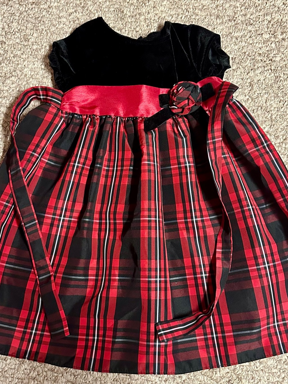 Girls' Red Plaid Holiday Dress with Black Velvet Bodice